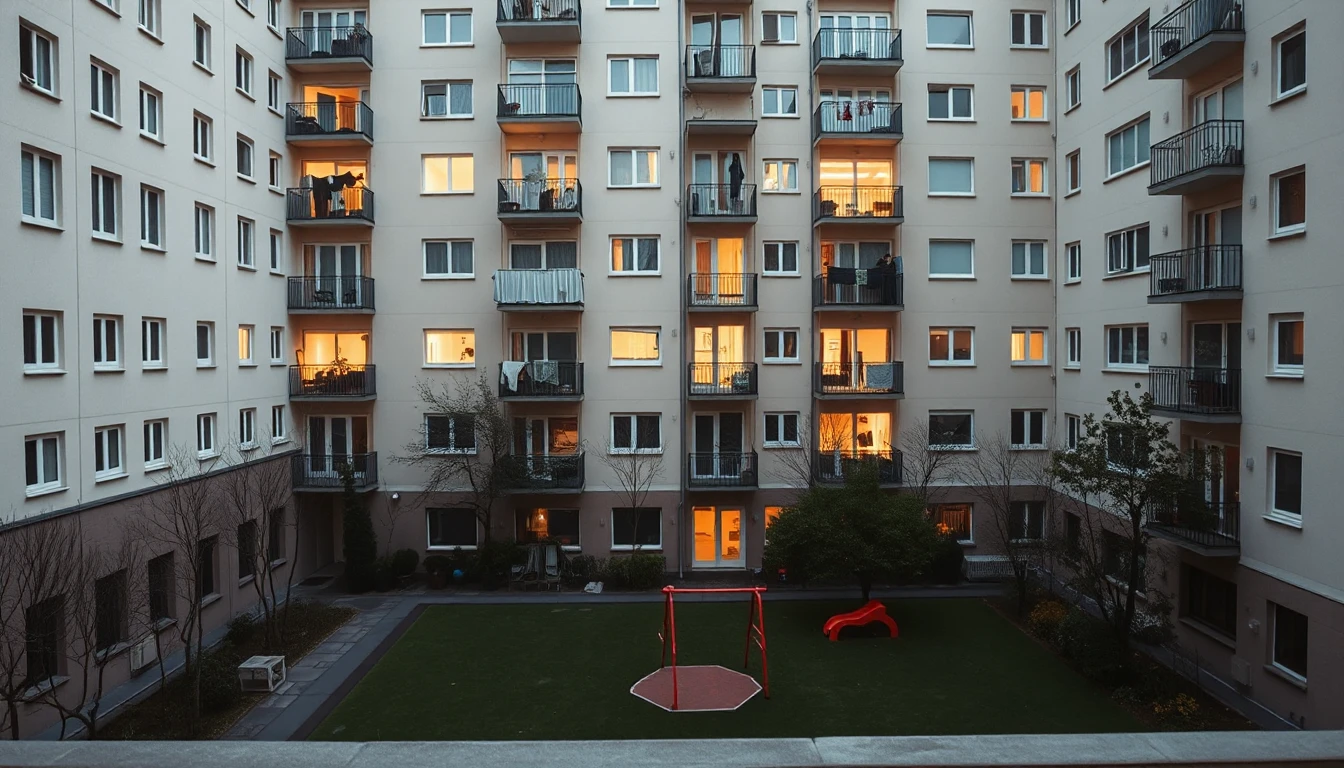 KI-Symbolbild: Ein großer Wohnhof eines Gemeindebaus mit Wäsche auf den Balkonen, beleuchteten Fenstern und einem leeren Spielplatz im Grünen.