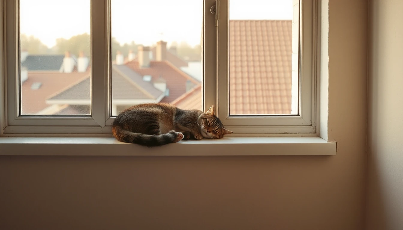 KI-Symbolbild: Eine getigerte Katze schläft eingerollt auf einer Fensterbank, draußen sind Ziegeldächer im goldenen Nachmittagslicht zu sehen.