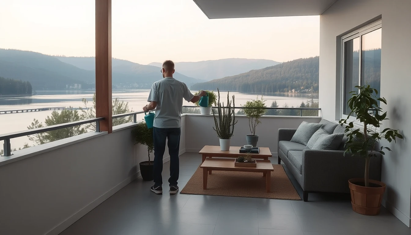 KI-Symbolbild: Eine Person gießt von hinten gesehen Pflanzen auf einem Balkon mit Blick auf einen See und bewaldete Hügel.
