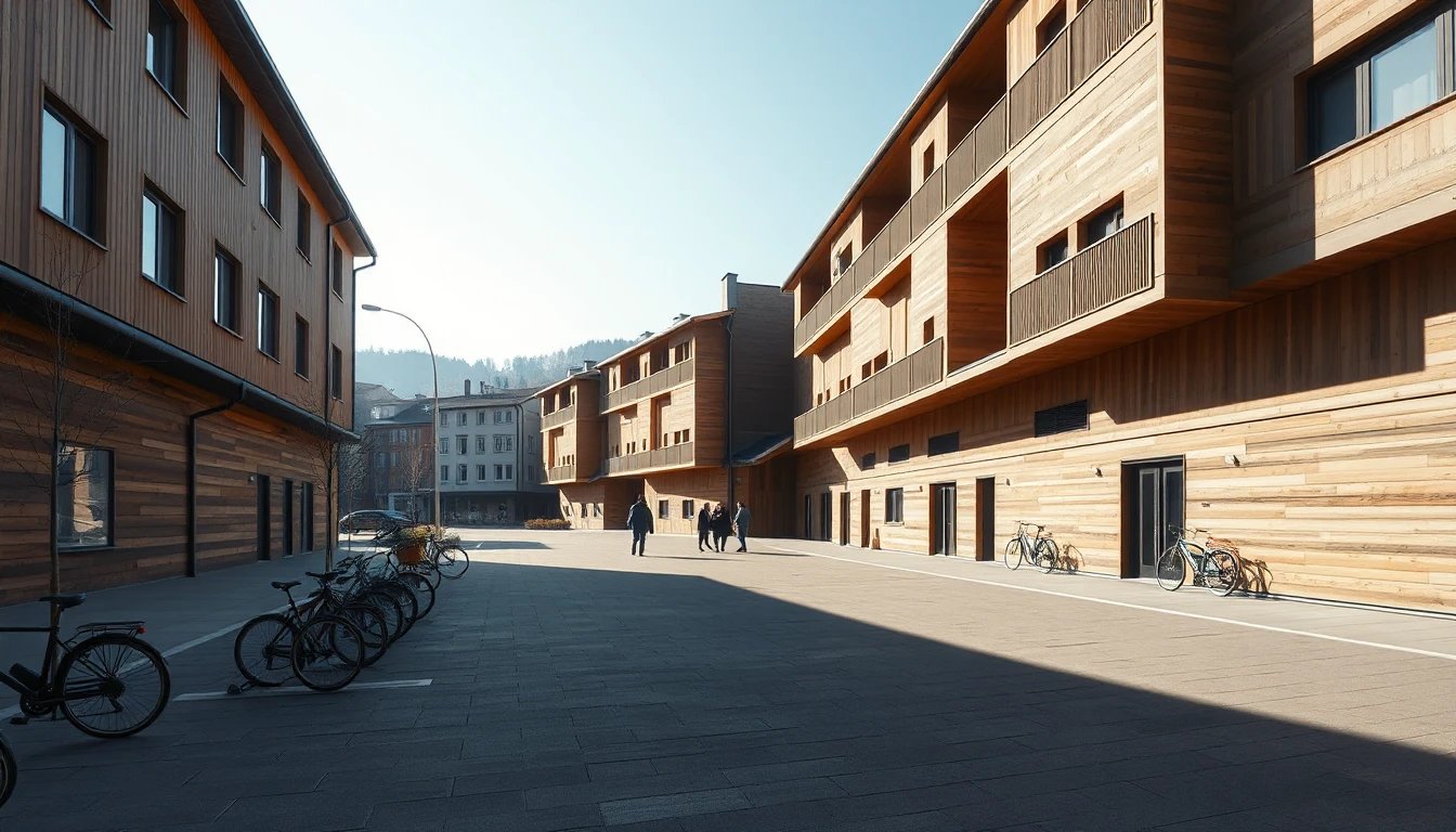 KI-Symbolbild: Moderne holzverkleidete Wohnheimgebäude mit abgestellten Fahrrädern, in der Ferne gehen einige Menschen über den Vorplatz.