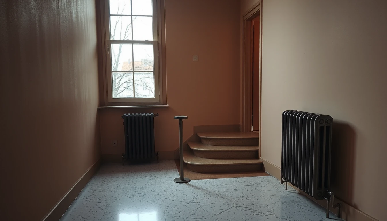 KI-Symbolbild: Ein ruhiges Treppenhaus mit gusseisernen Heizkörpern, wenigen Stufen und einem Fenster mit Blick auf kahle Bäume.