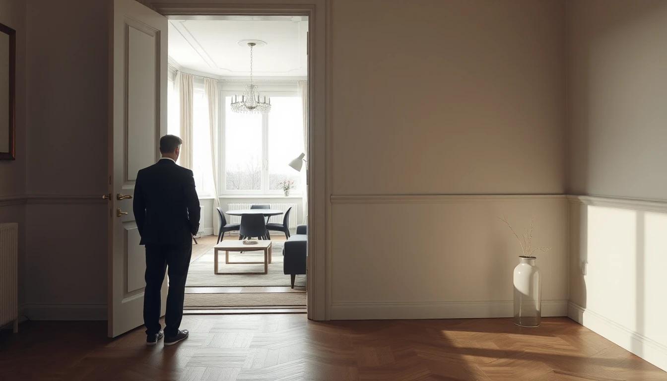 KI-Symbolbild: Eine Person steht von hinten gesehen in einer Tür und blickt in einen hellen möblierten Wohnraum.