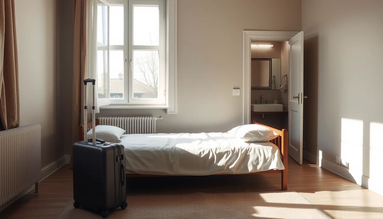 KI-Symbolbild: Ein gemachtes Gästebett mit einem Koffer davor, durch die offene Tür ist das Badezimmer zu sehen.