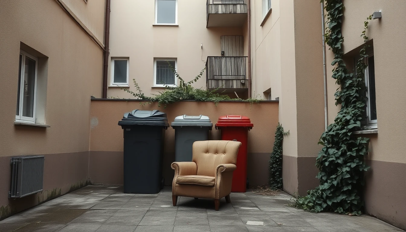 KI-Symbolbild: Ein alter Sessel steht vor drei Mülltonnen in einem Hinterhof mit efeubewachsenen Wänden.