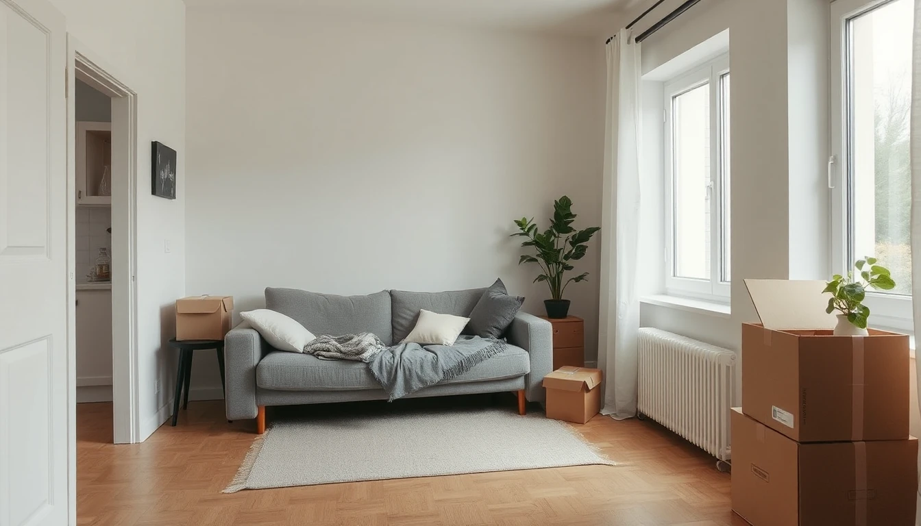 KI-Symbolbild: Helle kleine Wohnung am Einzugstag mit Sofa, Teppich, einer Zimmerpflanze am Fenster und einigen Umzugskartons.