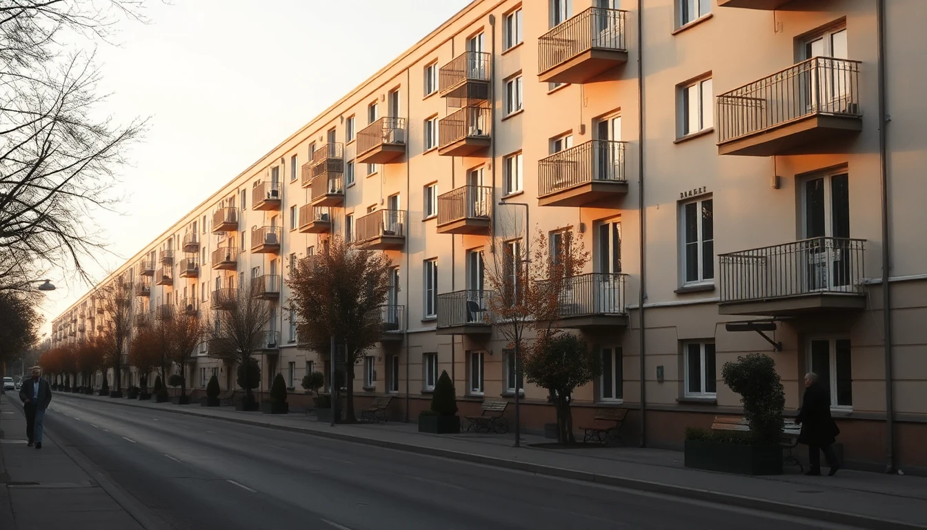 KI-Symbolbild: Eine lange Reihe von Mietshäusern mit Balkonen an einer Straße im goldenen Herbstlicht, einige Passanten gehen in der Ferne.