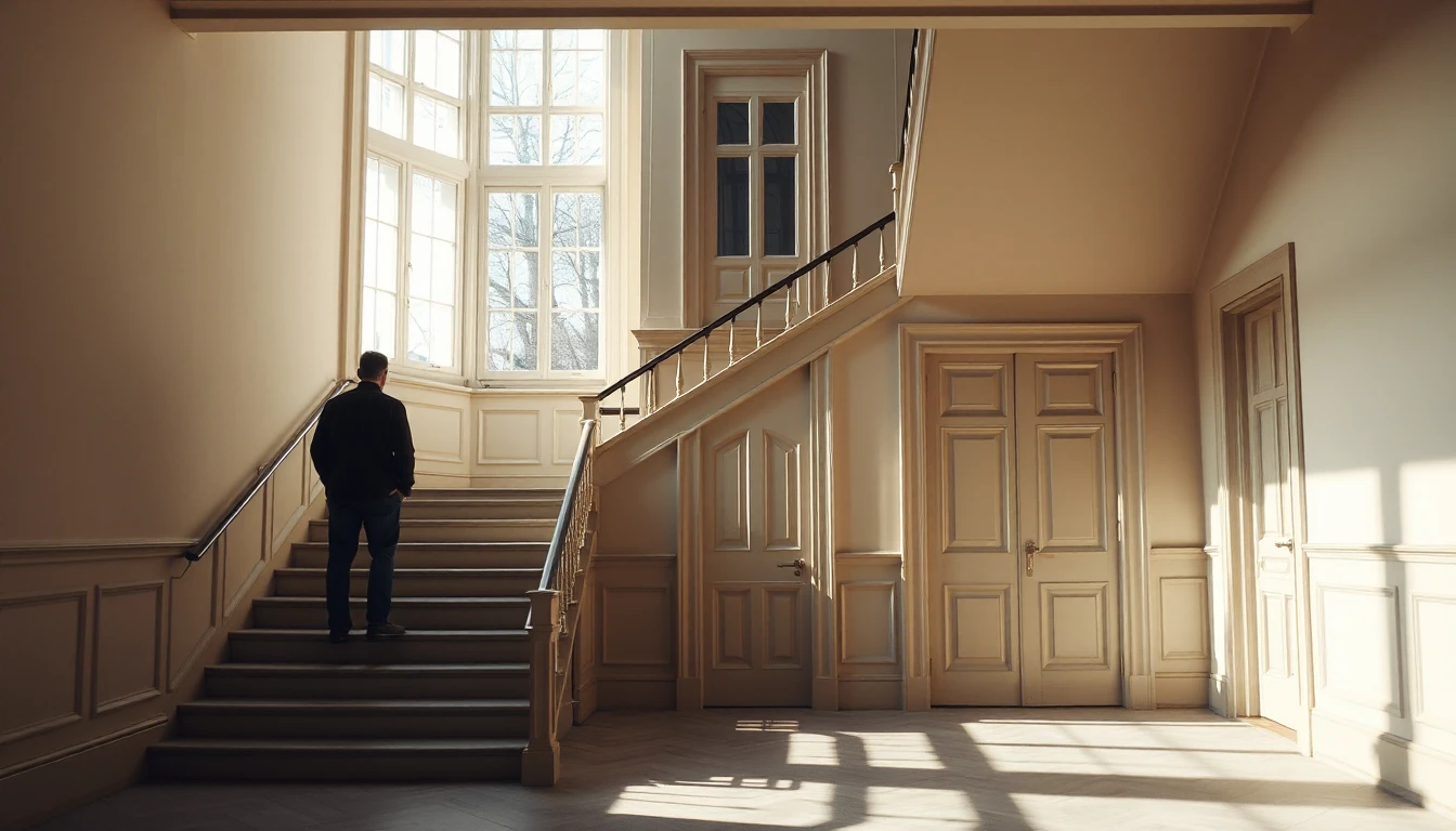 KI-Symbolbild: Eine Person steht von hinten gesehen auf der Treppe eines frisch gestrichenen Altbau-Treppenhauses mit neuen Wohnungstüren.