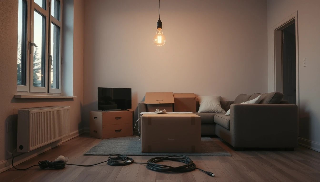 KI-Symbolbild: Eine nackte Glühbirne leuchtet über einem frisch eingerichteten Wohnzimmer mit Kartons und Kabeln am Boden in der Abenddämmerung.