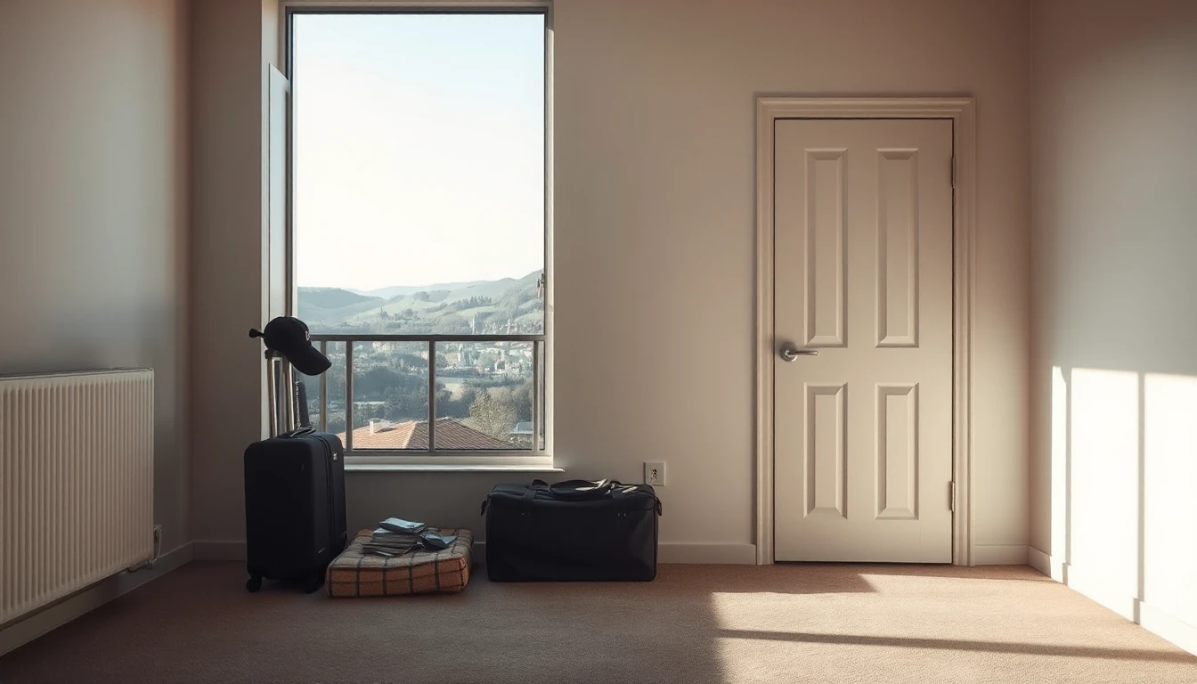 KI-Symbolbild: Ein leeres Zimmer mit Koffer und Reisetasche am Boden, durch das Fenster ein Blick über ein Flusstal mit Hügeln.