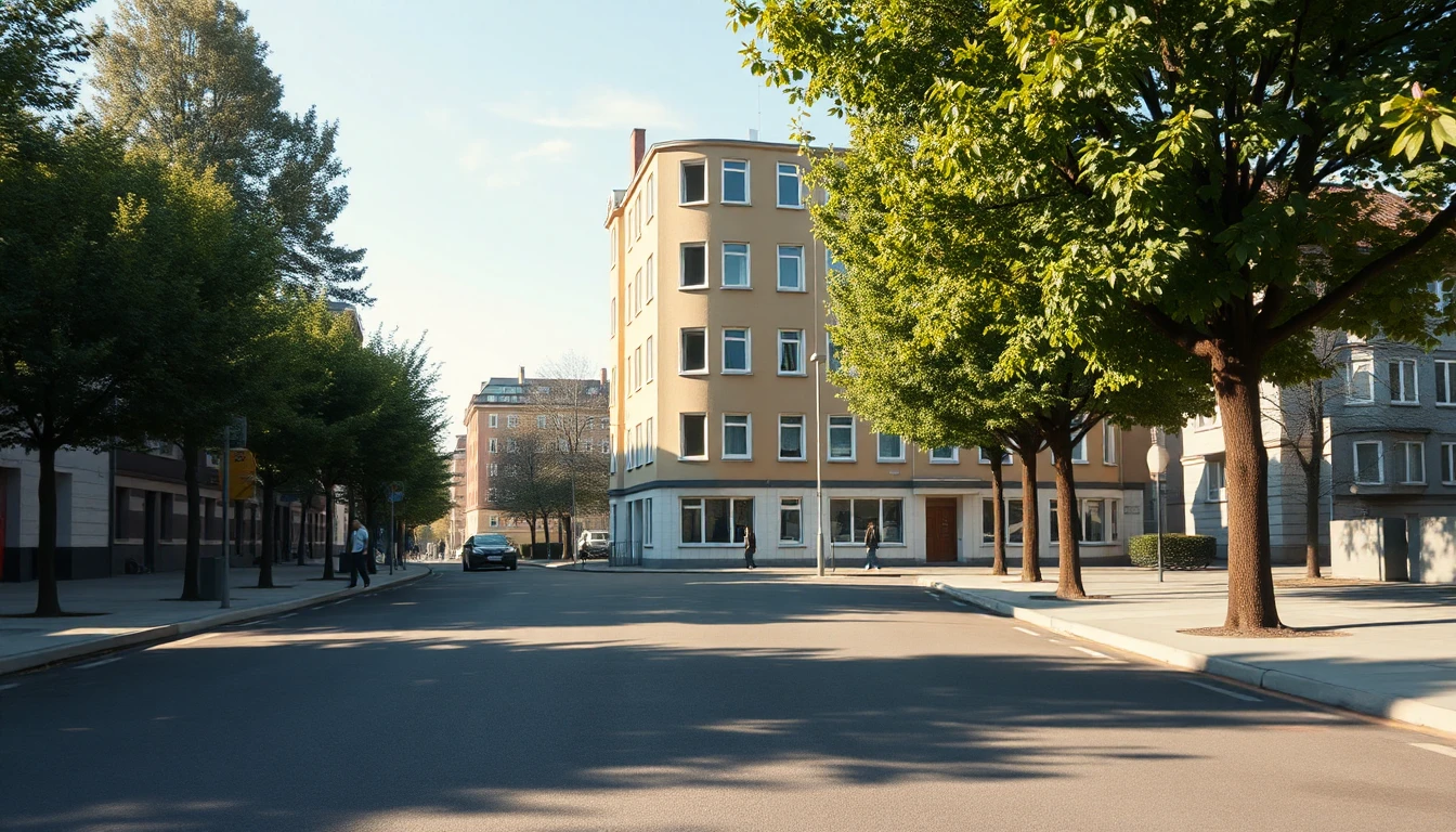 KI-Symbolbild: Ein mehrstöckiges Wohnhaus an einer baumbestandenen Straße im Morgenlicht, einige Menschen klein in der Ferne.
