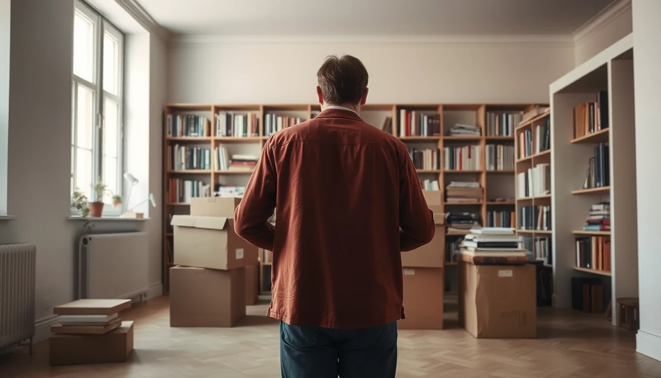 KI-Symbolbild: Eine Person von hinten in einer Wohnung mit Bücherregalen und gepackten Umzugskartons.