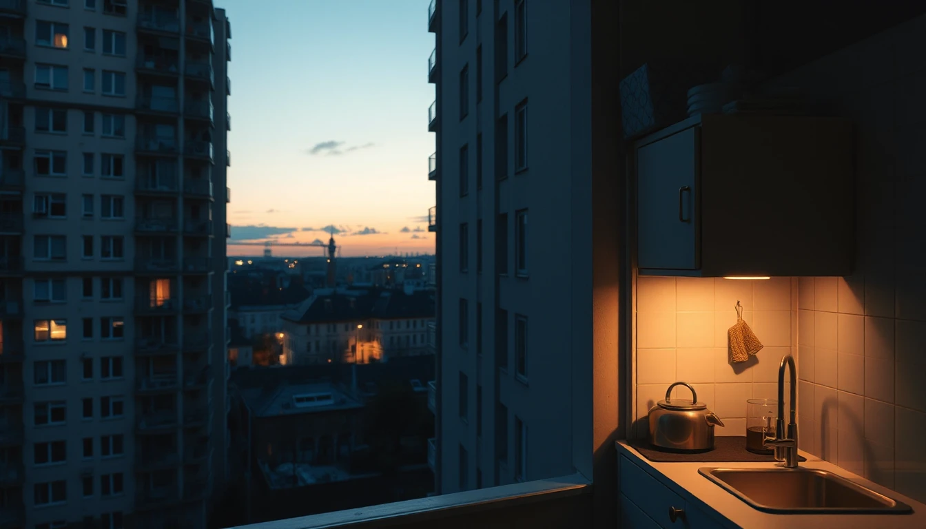 KI-Symbolbild: Eine kleine Küchenecke mit Wasserkocher im Lampenlicht, daneben ein Fenster mit Blick auf Wohnhäuser in der Abenddämmerung.