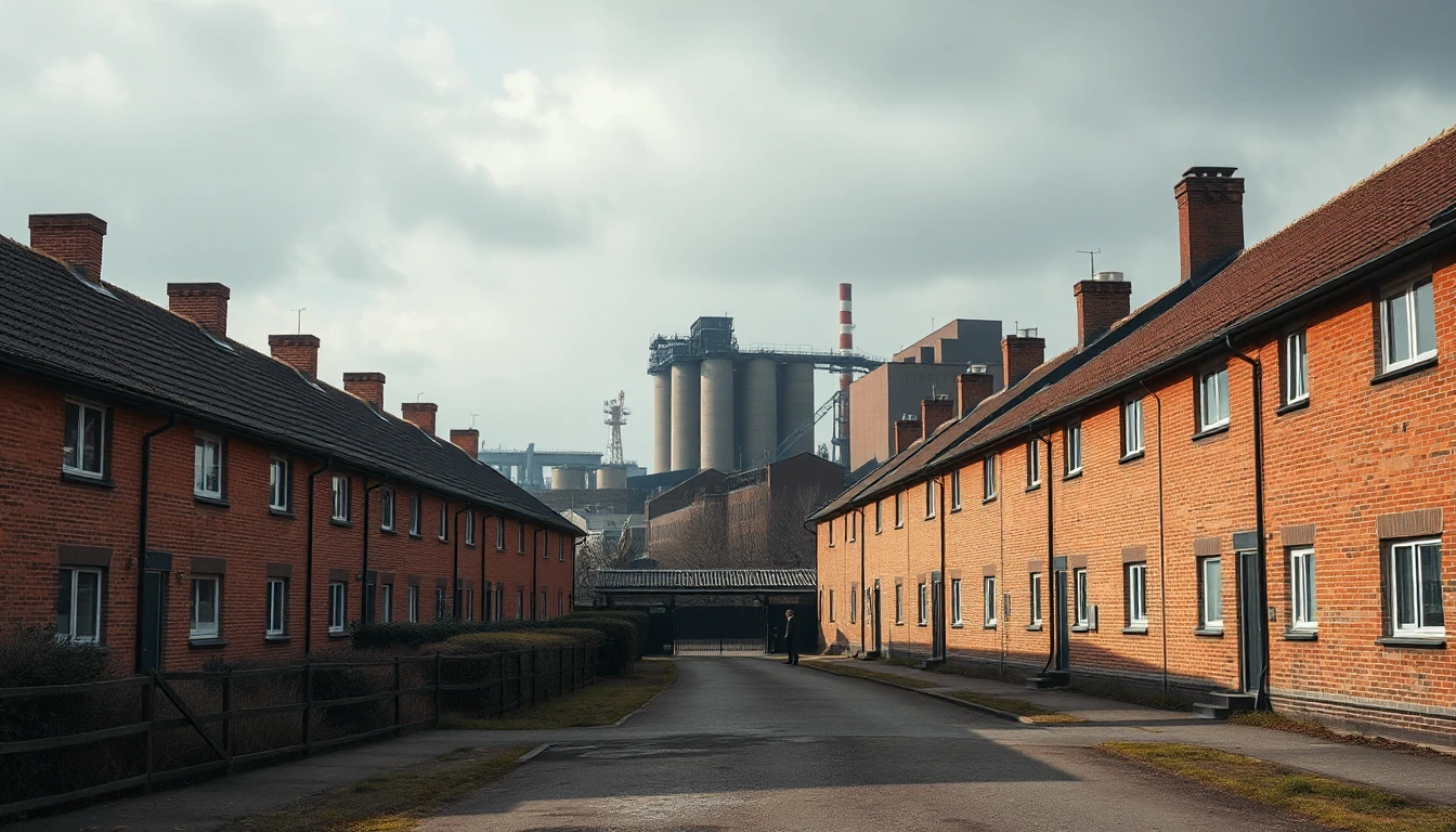 KI-Symbolbild: Zwei Reihen gleicher Backsteinhäuser an einer Straße, im Hintergrund Industrieanlagen unter bewölktem Himmel.