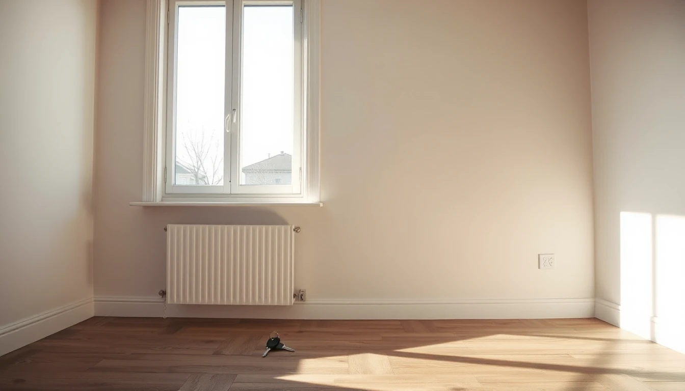 KI-Symbolbild: Ein leeres, frisch gestrichenes Zimmer mit Heizkörper unter dem Fenster und einem Schlüsselbund auf dem Holzboden.