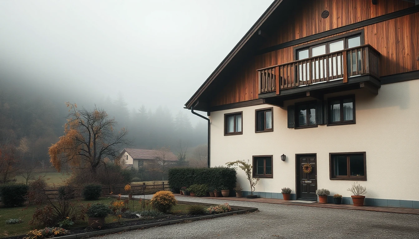 KI-Symbolbild: Ein Zweifamilienhaus mit Holzverkleidung und Balkon im Obergeschoss, davor ein Garten, dahinter nebliger Wald im Herbst.