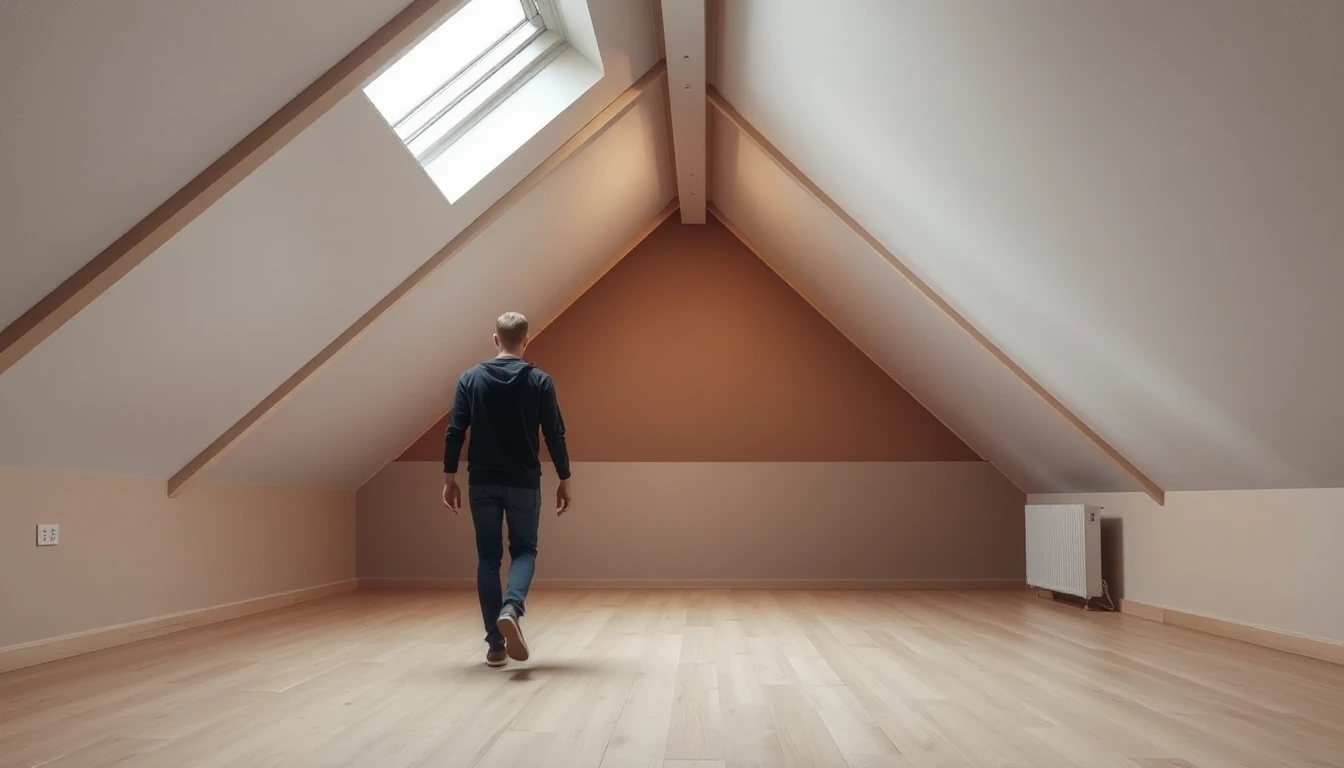 KI-Symbolbild: Ein leeres Dachgeschosszimmer mit Dachschrägen und Dachfenster, eine Person von hinten geht über den Holzboden.