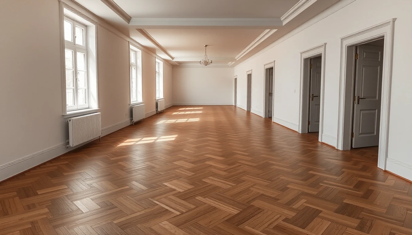 KI-Symbolbild: Eine lange, leere Altbauwohnung mit Fischgrätparkett, hohen Fenstern und offenen Türen.