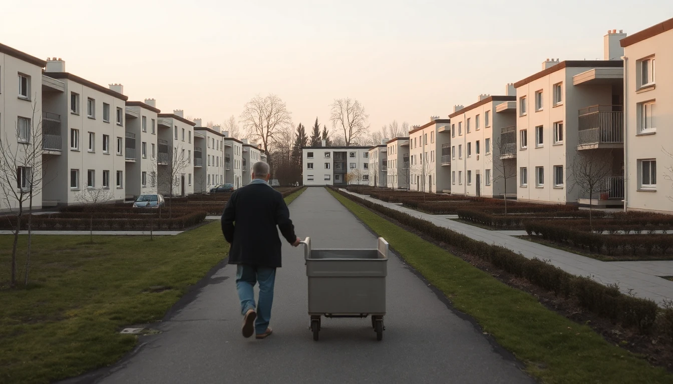 KI-Symbolbild: Eine Person von hinten schiebt einen Transportwagen auf einem Weg zwischen Wohnblöcken und Grünstreifen.