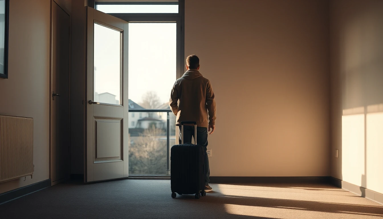 KI-Symbolbild: Eine Person von hinten mit Rollkoffer steht in einer leeren Wohnung und blickt zur geöffneten Balkontür.