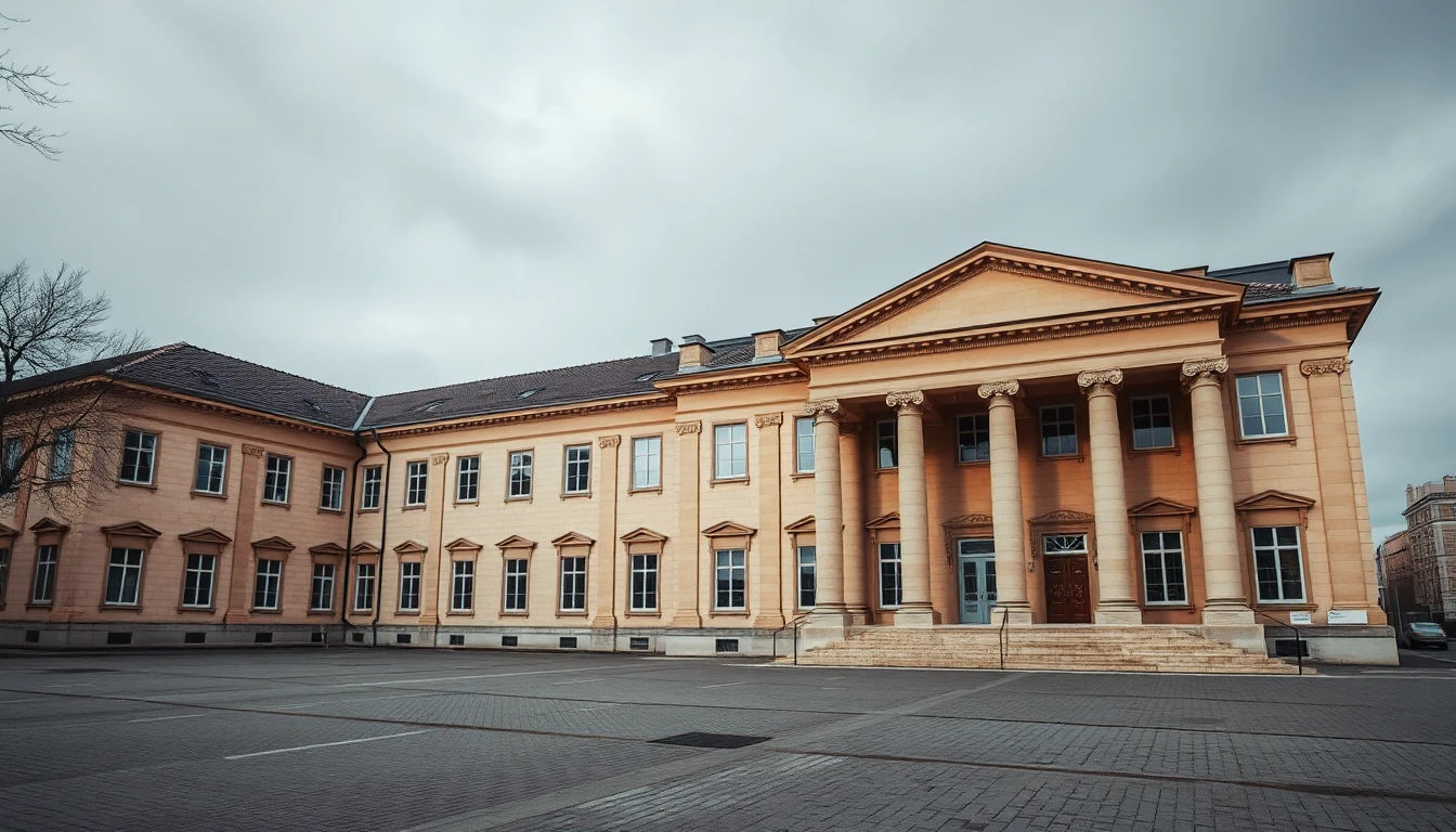 KI-Symbolbild: Ein klassizistisches Gebäude mit Säulenportikus und breitem Vorplatz unter grauem Winterhimmel.