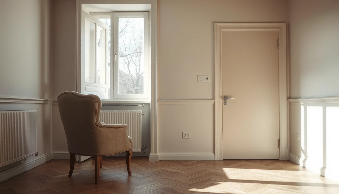 KI-Symbolbild: Leere, helle Mietwohnung mit einem einzelnen Sessel am Fenster und einer geschlossenen Zimmertür.