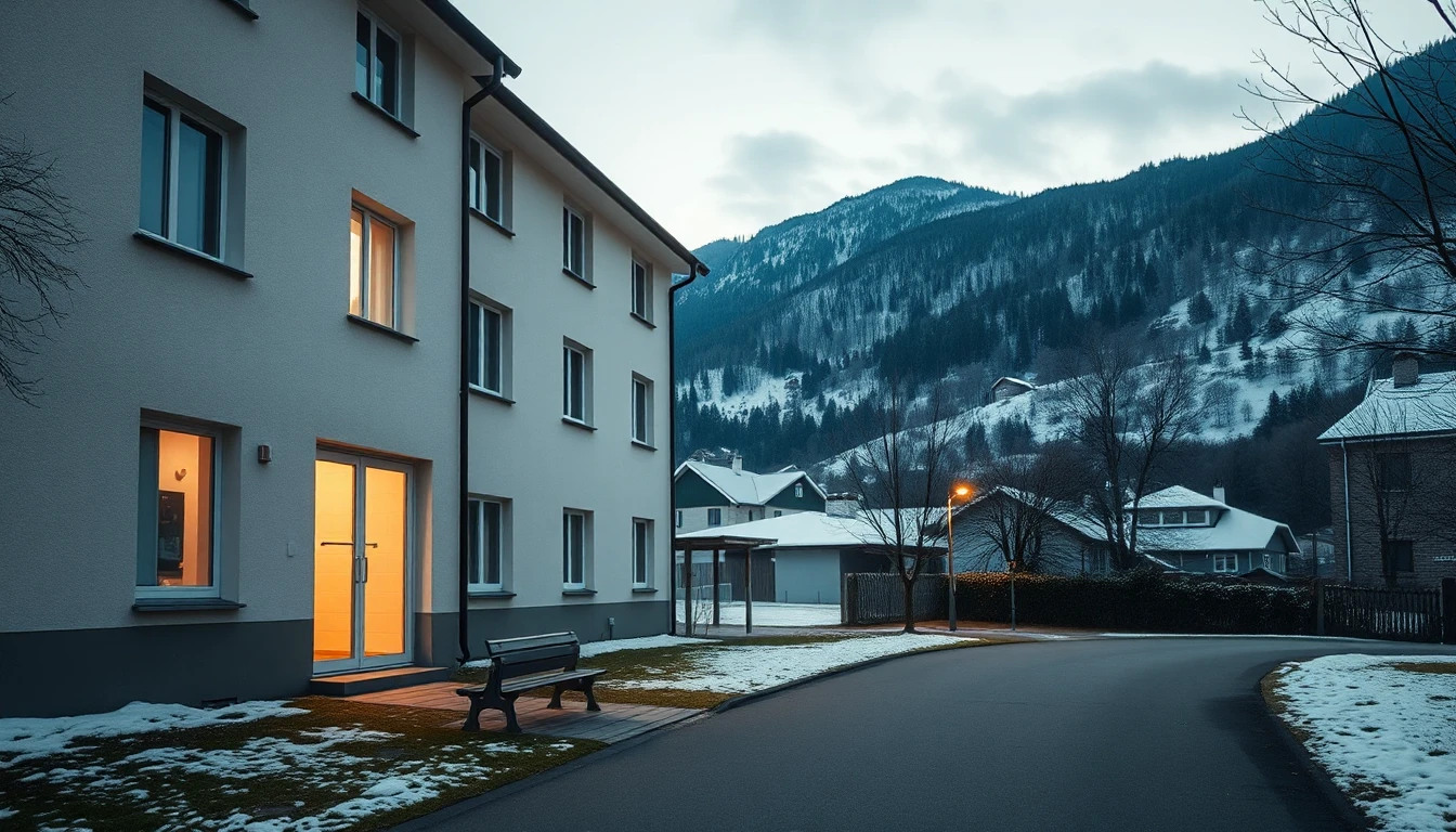 KI-Symbolbild: Mehrgeschossiges Wohnhaus in einem österreichischen Bergtal in der Abenddämmerung, mit erleuchteter Eingangstür und einer Bank neben dem Weg.