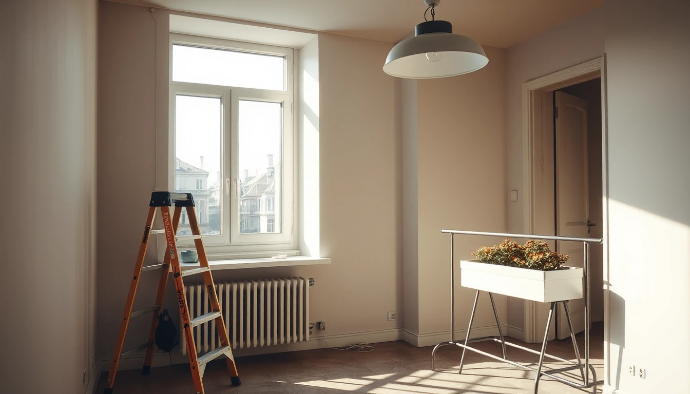 KI-Symbolbild: Leere Altbauwohnung zwischen zwei Vermietungen mit Malerleiter am Fenster, neuer Deckenleuchte und einem Pflanzkasten.