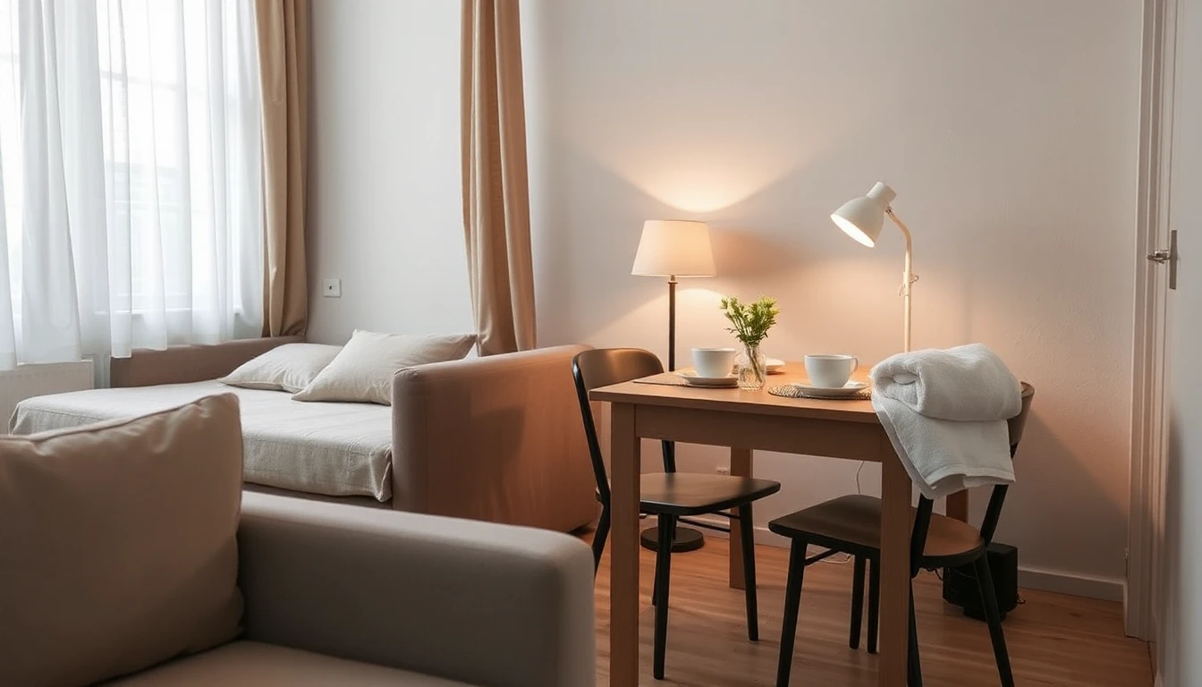 KI-Symbolbild: Kleine möblierte Mietwohnung mit Schlafsofa, gedecktem Esstisch, zwei Lampen und frischen Handtüchern auf einem Stuhl.