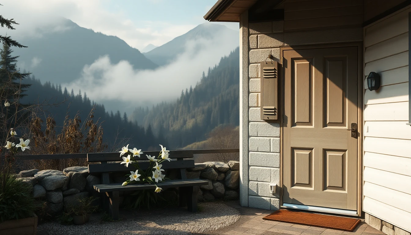 KI-Symbolbild: Geschlossene Haustür eines älteren Hauses, daneben eine Bank mit weißen Lilien vor nebligen, bewaldeten Bergen.