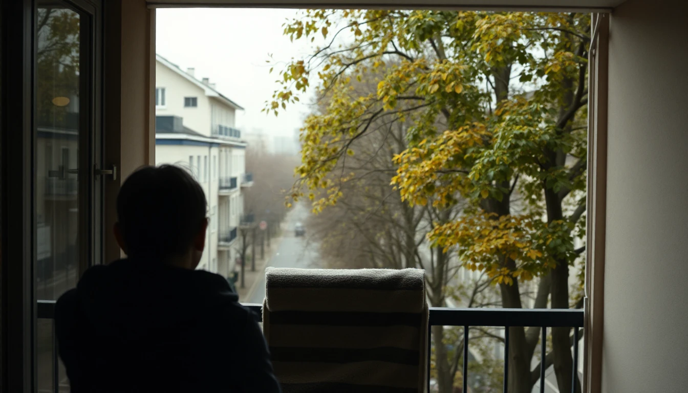 KI-Symbolbild: Person von hinten an der offenen Balkontür einer Stadtwohnung mit Blick auf eine herbstliche Allee, davor ein zusammengerollter Teppich.