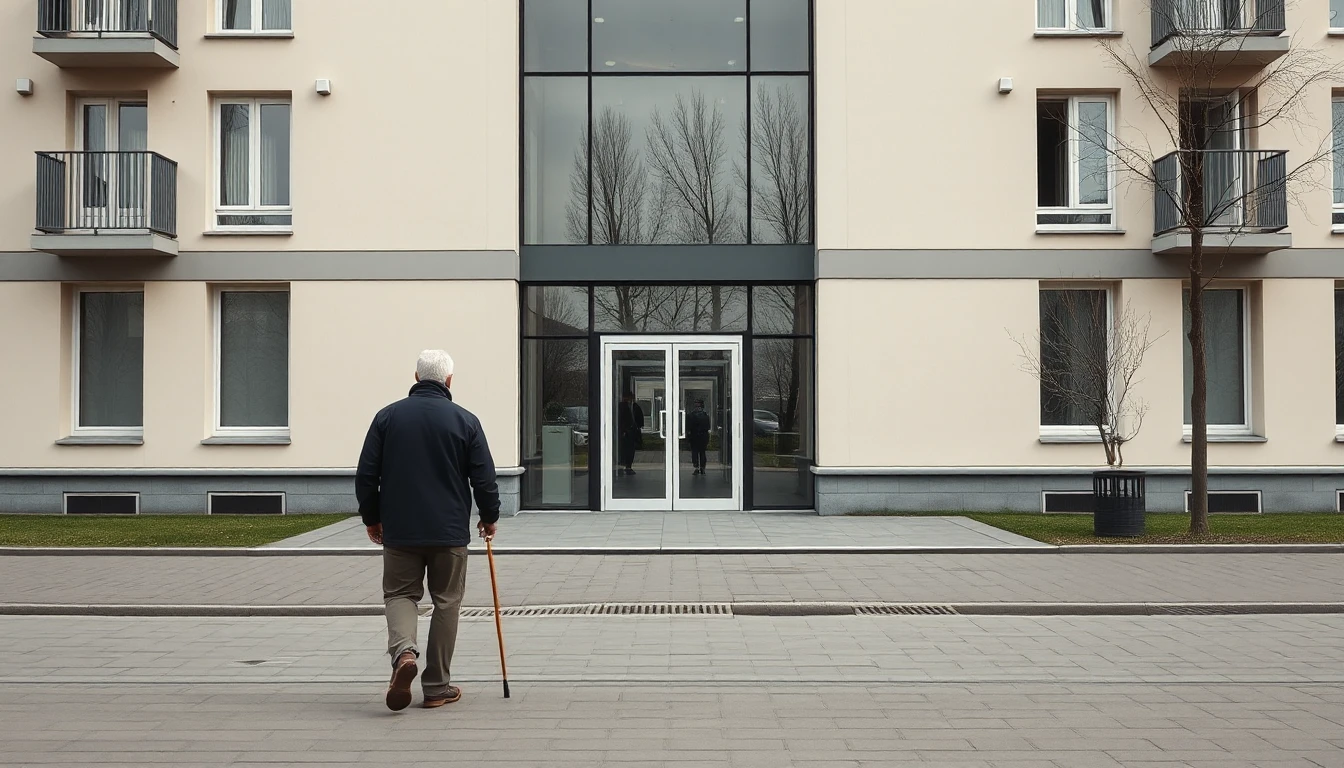 KI-Symbolbild: Ein älterer Mann mit Gehstock geht von hinten gesehen über einen ebenen Platz auf den bodengleichen Glaseingang eines Wohnhauses zu.