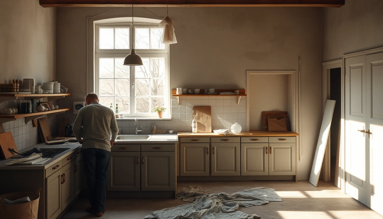 KI-Symbolbild: Altbauküche während Umbauarbeiten mit Abdecktüchern auf dem Boden und einem Handwerker, der von hinten zu sehen ist.