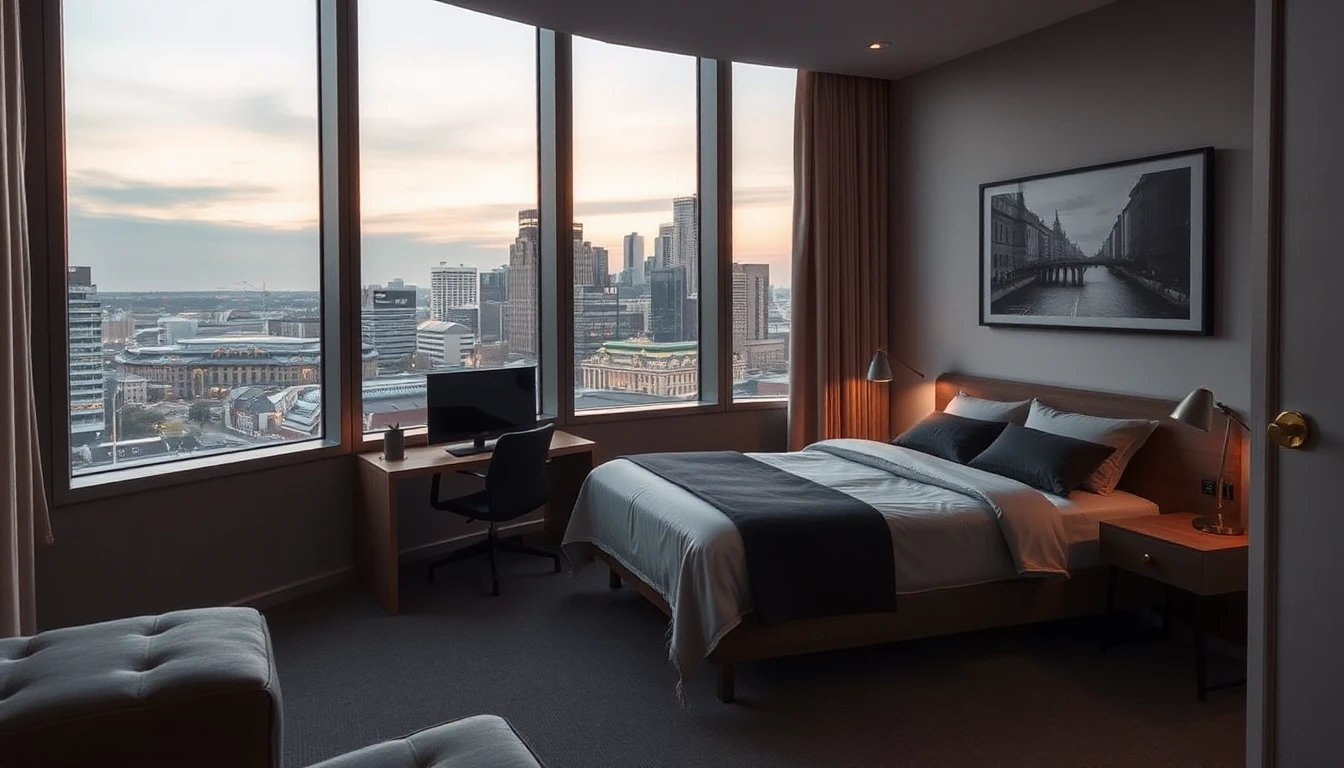 KI-Symbolbild: Möbliertes Apartment mit Doppelbett, kleinem Schreibtisch und großer Fensterfront zur Stadtsilhouette in der Dämmerung.