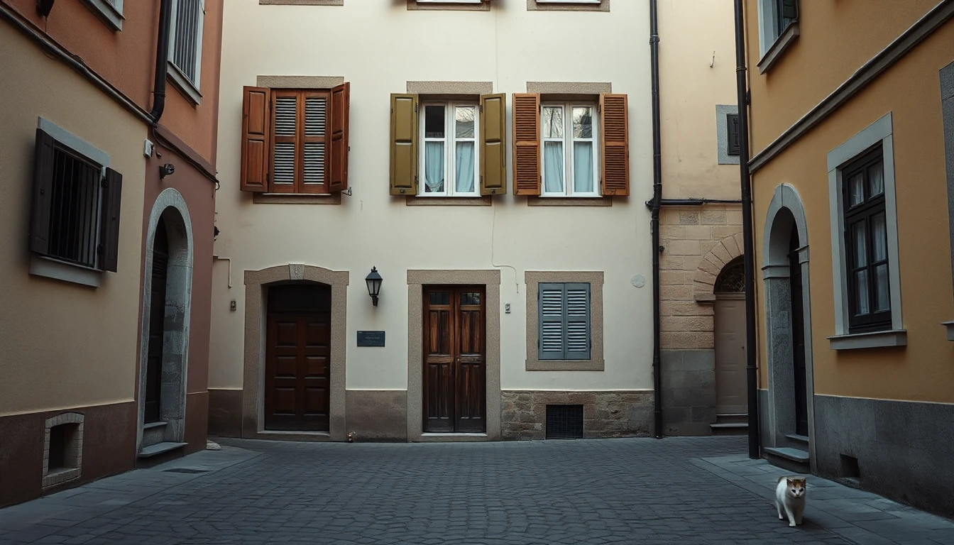 KI-Symbolbild: Gepflasterte Altstadtgasse vor einem schmalen Wohnhaus mit unterschiedlich gefärbten Fensterläden, im Vordergrund läuft eine Katze.