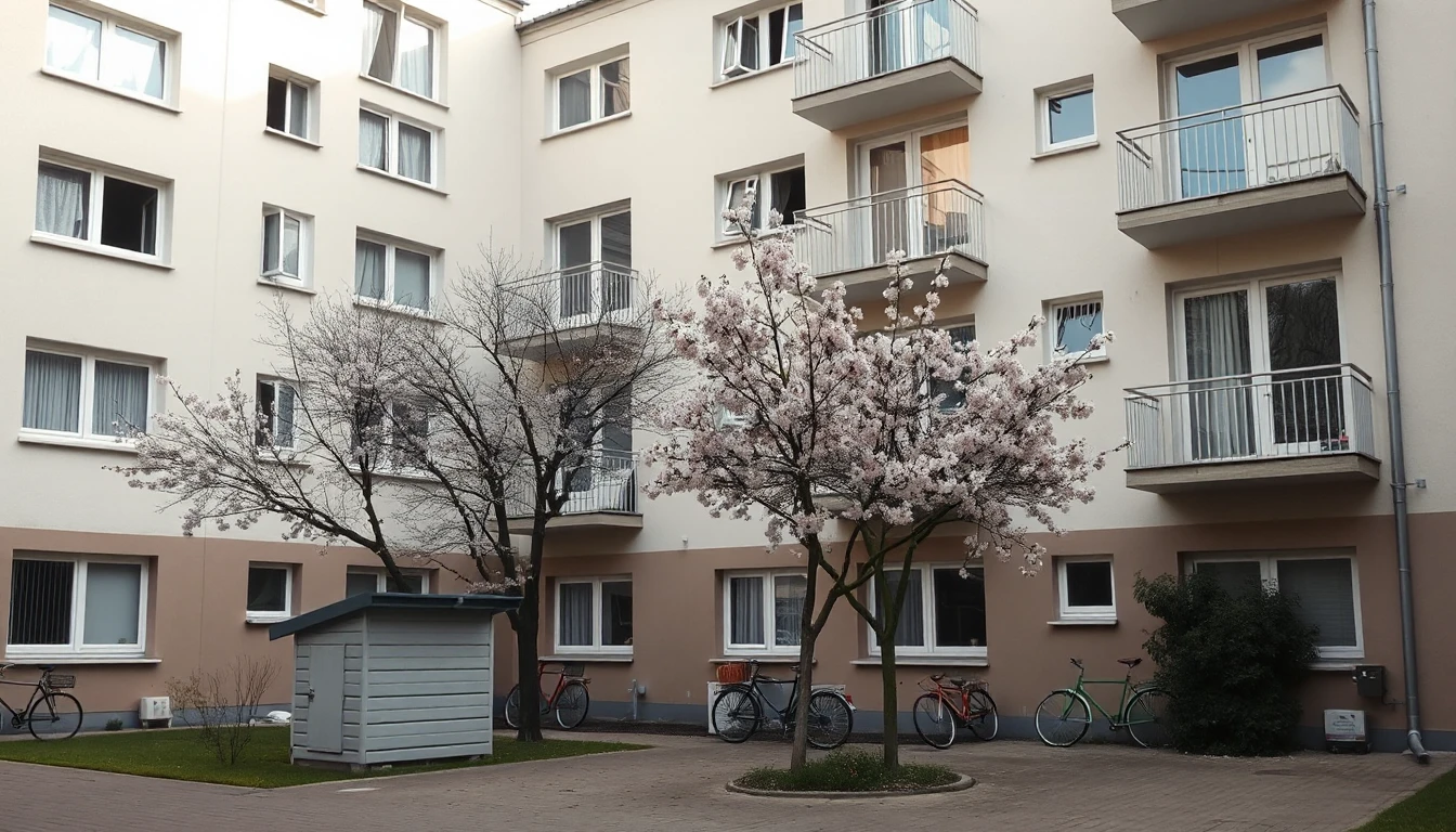 KI-Symbolbild: Schlichter Wohnblock aus den 1960er-Jahren mit Balkonen, Fahrradschuppen und jungen blühenden Kirschbäumen im Innenhof.