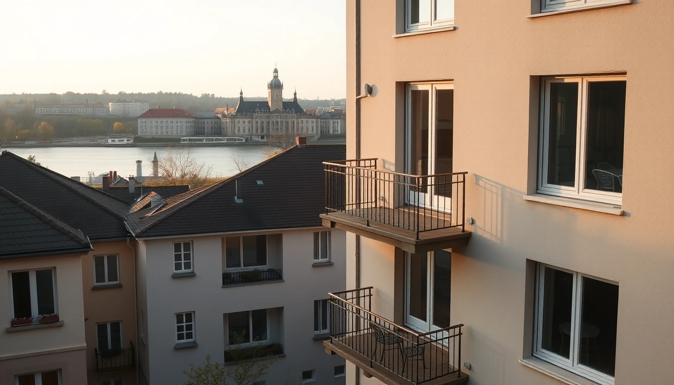 KI-Symbolbild: Mietshaus mit einem noch möblierten und einem leeren Balkon, im Hintergrund ein Fluss und ein historischer Bau im Abendlicht.