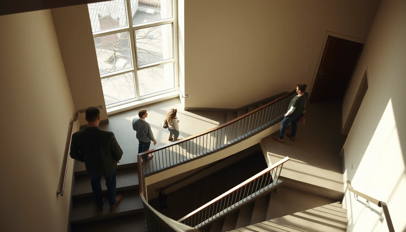 KI-Symbolbild: Helles Altbau-Treppenhaus von oben gesehen, in dem mehrere Menschen klein auf den Podesten warten.