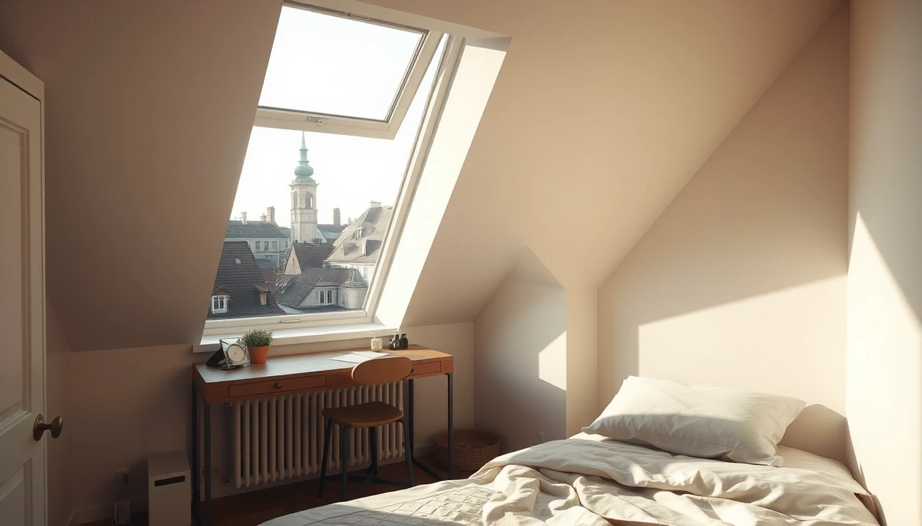KI-Symbolbild: Kleines helles Dachzimmer mit Bett, Schreibtisch unter dem Dachfenster und Blick über Altstadtdächer mit Kirchturm.