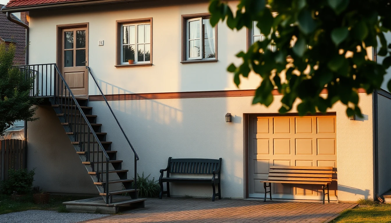 KI-Symbolbild: Einliegerwohnung über einer Garage mit eigener Außentreppe und Bänken im warmen Abendlicht.