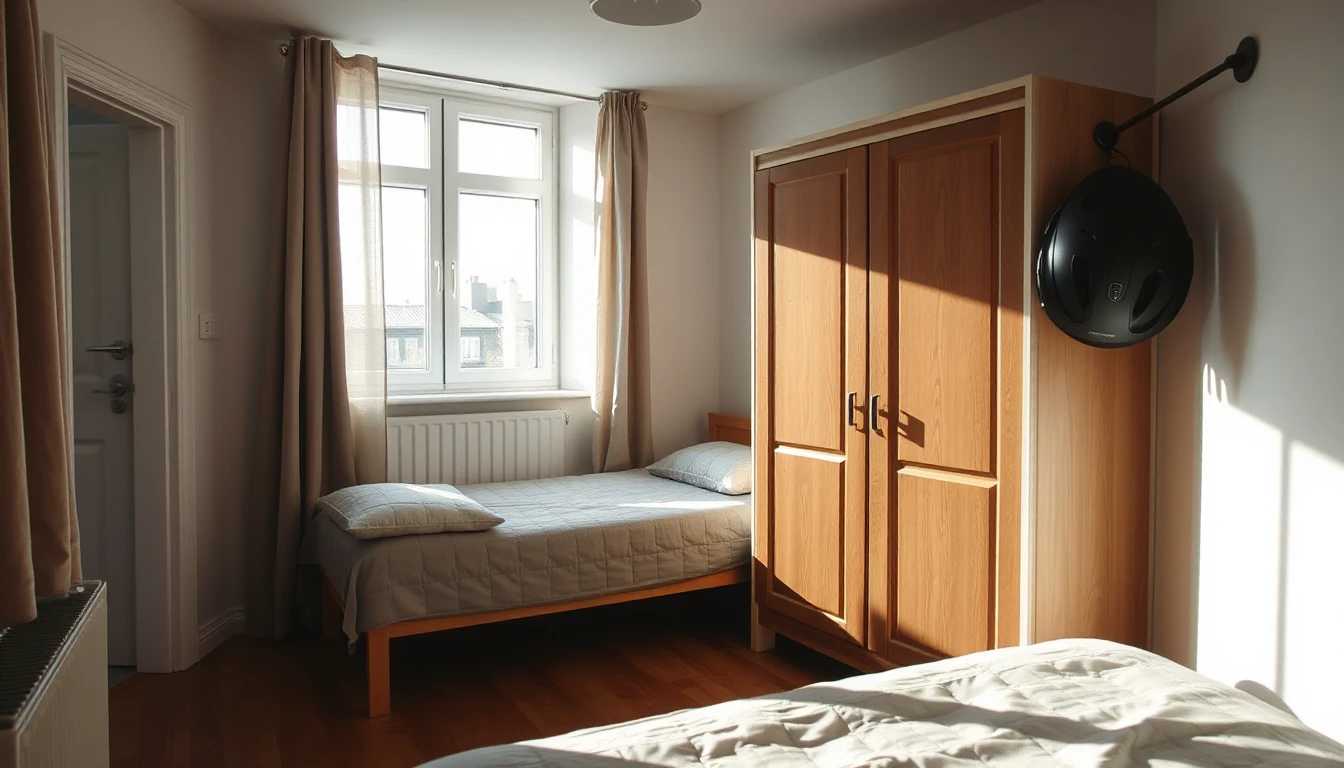 KI-Symbolbild: Möbliertes Gästezimmer mit Bett, Holzkleiderschrank, offener Tür zum Flur und einem Fahrradhelm am Wandhaken.