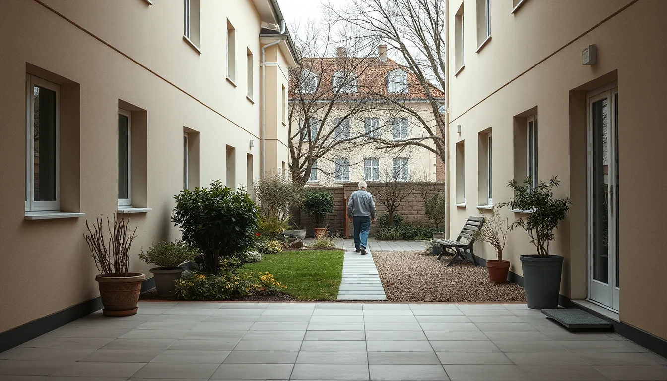 KI-Symbolbild: Gepflasterter Hof zwischen zwei Wohnhäusern mit Garten, ein älterer Mann geht von hinten gesehen den Weg entlang.
