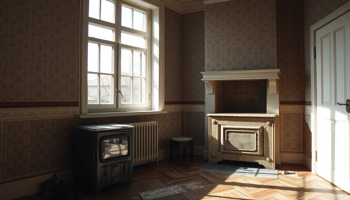 KI-Symbolbild: Unrenovierte Altbauwohnung mit verblasster Mustertapete, abgenutztem Fischgrätparkett, Kachelofen und hohem Sprossenfenster.