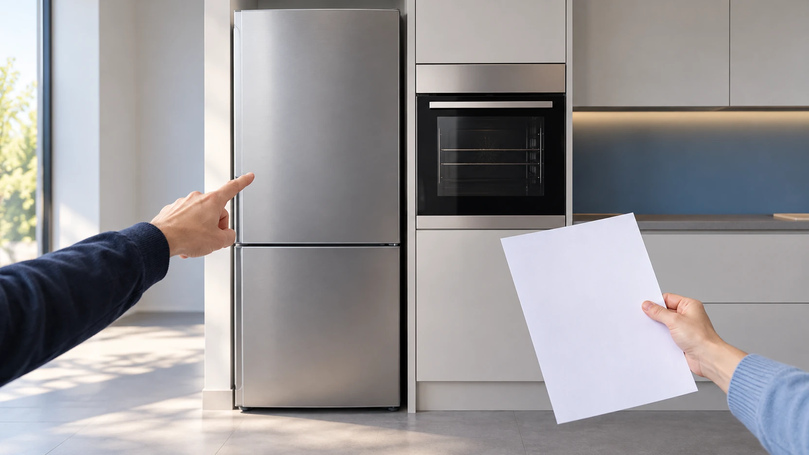 KI-Symbolbild: Kühlschrank und Backofen werden bei einer Küchenbesichtigung einzeln besprochen.