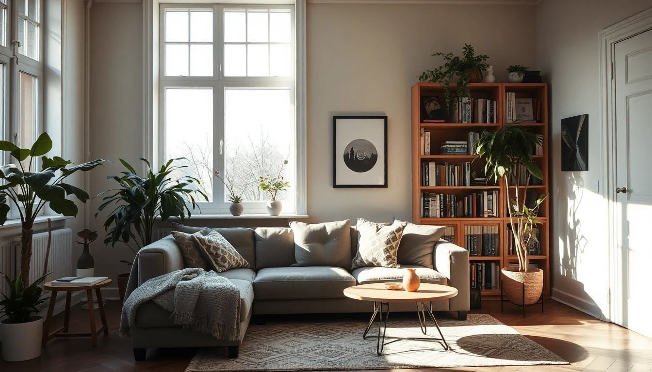KI-Symbolbild: Ein bewohntes Wohnzimmer mit Ecksofa, Bücherregal und Zimmerpflanzen vor hohen Fenstern im hellen Morgenlicht.