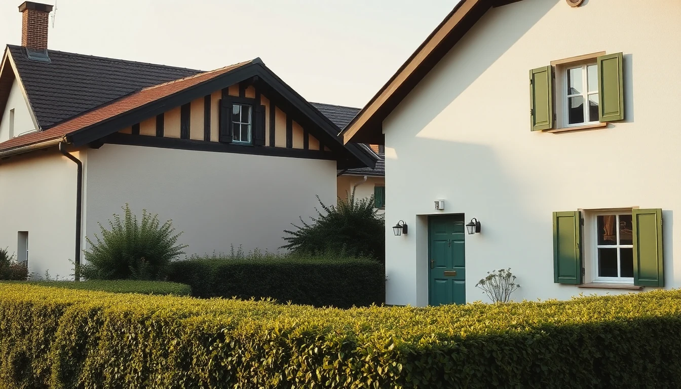 KI-Symbolbild: Zwei benachbarte Häuser hinter einer niedrigen Gartenhecke, eines mit grüner Haustür und grünen Fensterläden, im weichen Nachmittagslicht.