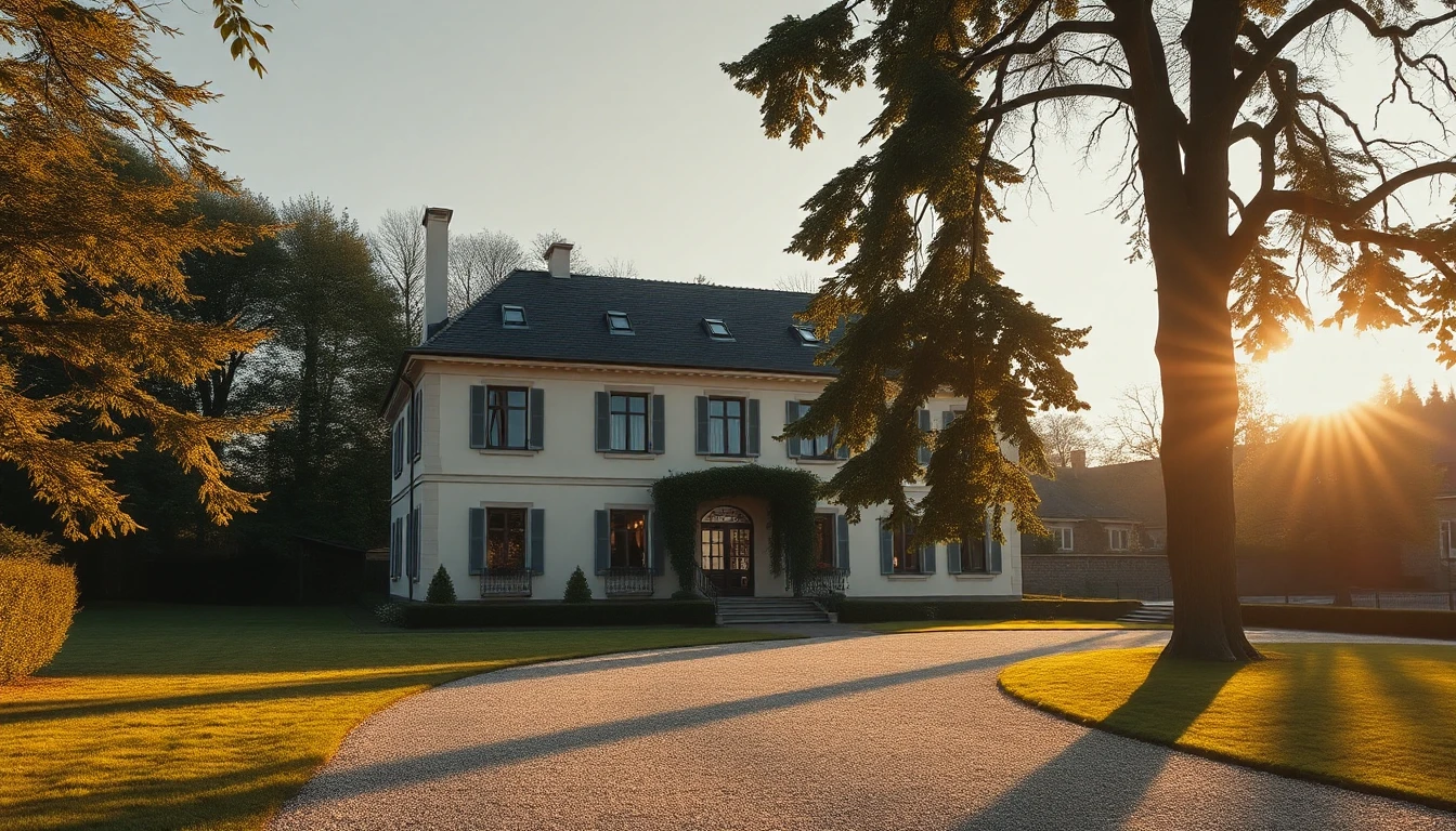 KI-Symbolbild: Eine renovierte Villa mit Kiesauffahrt, gepflegtem Rasen und hohen alten Bäumen im goldenen Abendlicht.