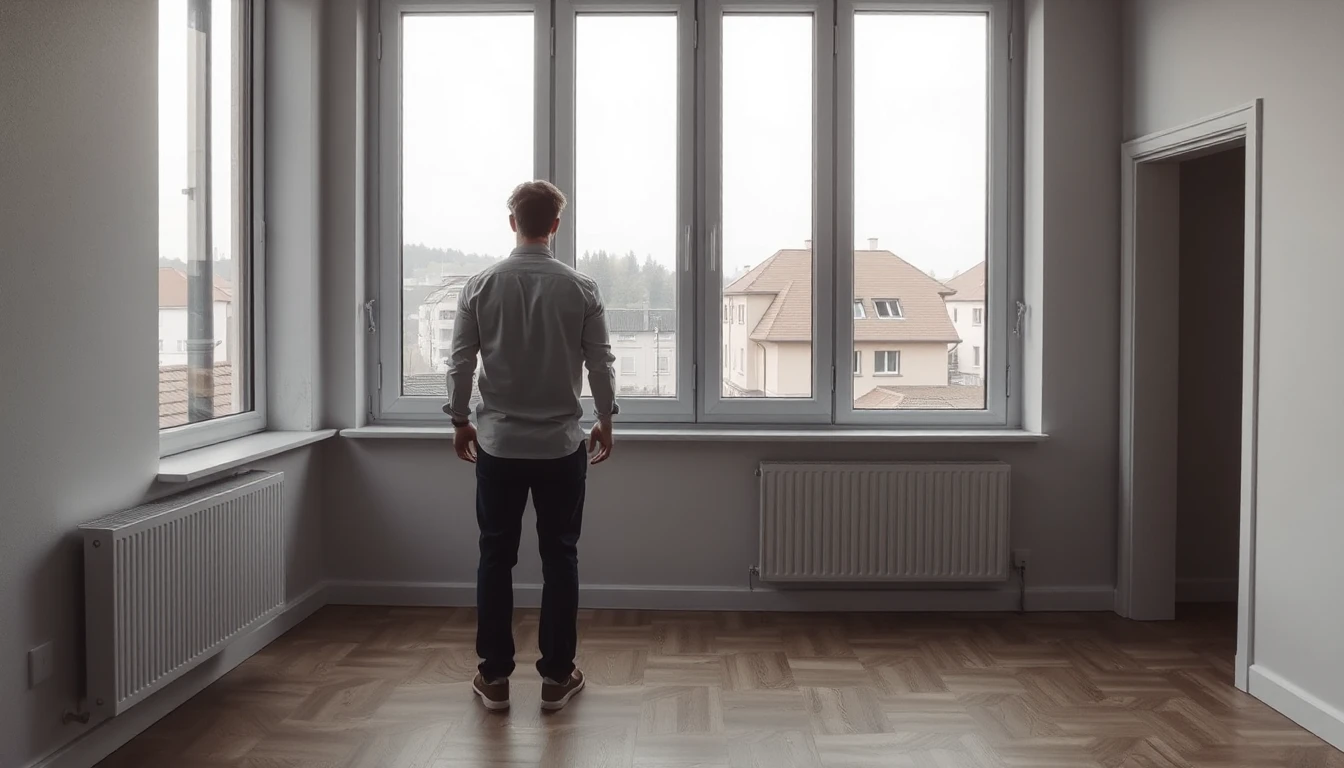 KI-Symbolbild: Eine Person steht von hinten gesehen in einer leeren, hellen Wohnung am großen Fenster und blickt auf die umliegenden Häuser.