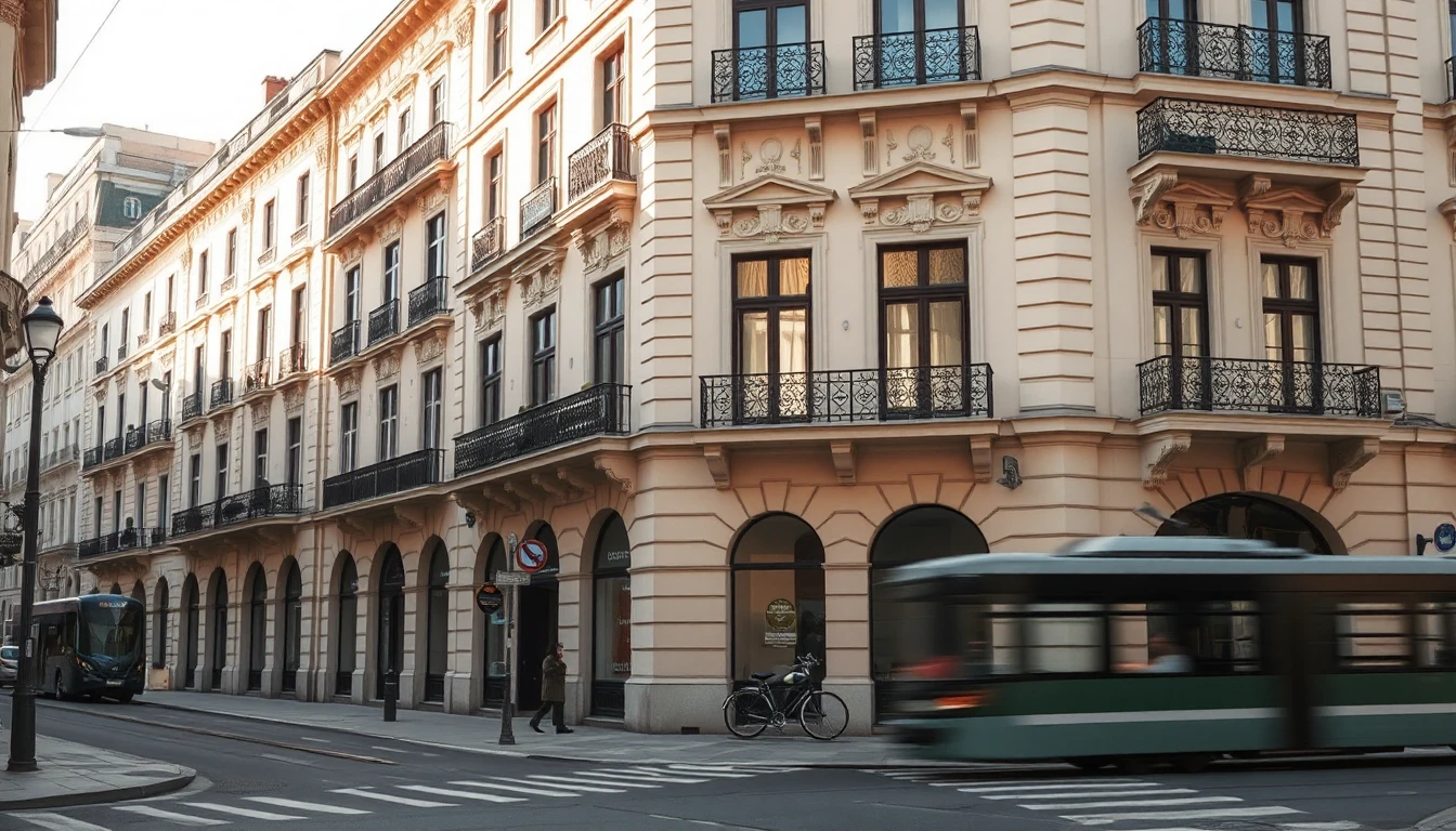 KI-Symbolbild: Eine Straßenecke mit verzierten Gründerzeitfassaden und schmiedeeisernen Balkonen, vorne fährt verwischt eine Straßenbahn vorbei.