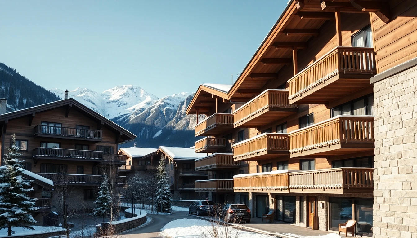 KI-Symbolbild: Ein modernes alpines Appartementhaus mit Holzbalkonen in einem verschneiten Tal vor schneebedeckten Bergen an einem klaren Wintermorgen.