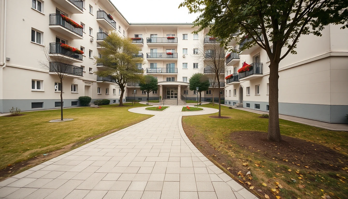 KI-Symbolbild: Eine helle Wohnhausanlage mit Balkonen, davor ein kleiner Park mit einem Weg, der sich zum Eingang gabelt.